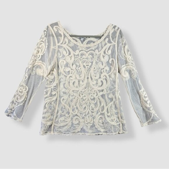 EXPRESS Cream Embroidered Mesh Y2K 2000s Cotton Babydoll Blouse Top Size Medium - Picture 1 of 13